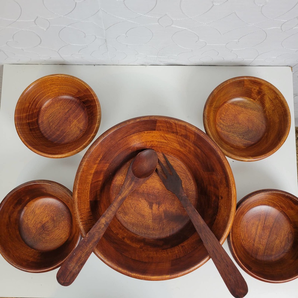 Wooden Salad Bowl Set with Tongs Vintage Kitchen Home Servings - Picture 2 of 7